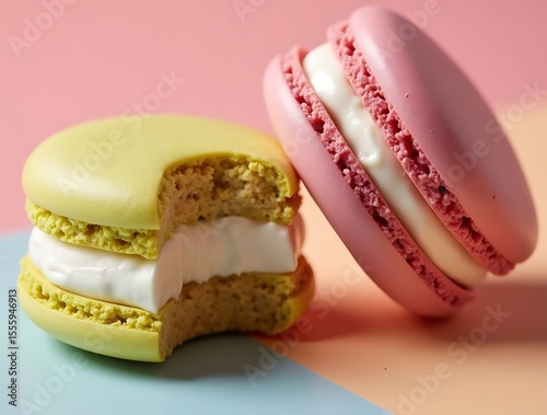 A close-up photograph of a colorful macaron with a bite taken out, revealing the creamy filling