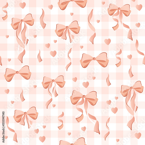 wedding bow seamless pattern with pink, peach bows and silk ribbons. symbol of the fight against breast cancer, femininity, happy birthday seamless pattern, party, celebration, gift, repeat, printable
