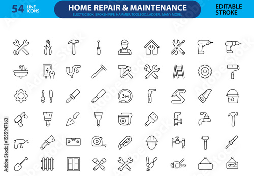 Home Repair and Maintenance Line Icons, Wrench, Screwdriver, Hammer, Toolbox, Paint Roller, Plumbing, Electric Repair, and More , Editable Formats: AI, EPS, JPG, PNG , Ideal for Both Digital and Print