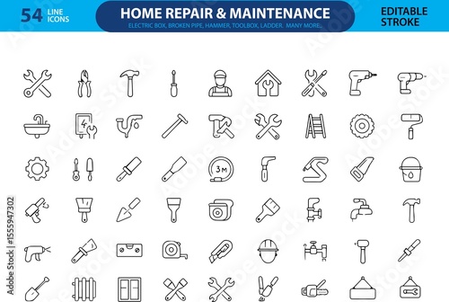 Home Repair and Maintenance Line Icons, Wrench, Screwdriver, Hammer, Toolbox, Paint Roller, Plumbing, Electric Repair, and More , Editable Formats: AI, EPS, JPG, PNG , Ideal for Both Digital and Print