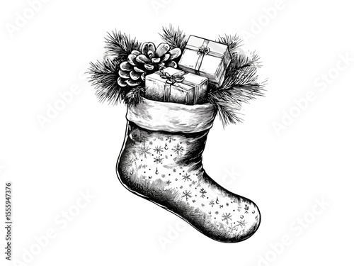 Vintage Christmas stocking stuffed with gifts engraving, hand-drawn holiday motif, festive decor icon, black sketch, old engraving style, seasonal illustration, retro winter art