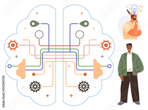 Brain diagram with neural pathways, gears, and connections representing creativity. Two individuals, one thinking and one casual. Ideal for teamwork, innovation, education, brainstorming
