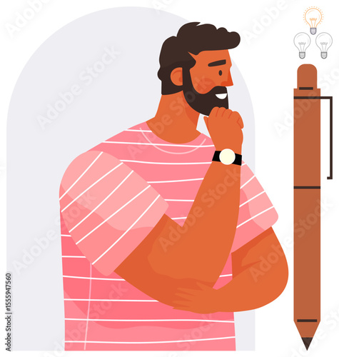 Man in striped shirt thinking, with chin on hand beside lightbulbs and pen symbolizing creativity. Ideal for creativity, innovation, brainstorming, problem-solving, design, learning, simple landing