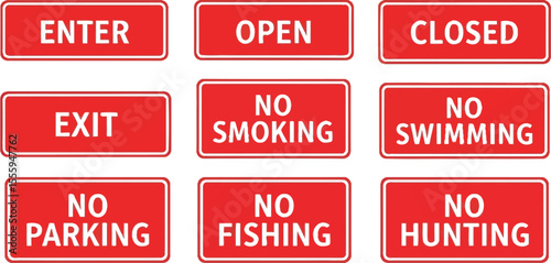 An assortment of red and white informational signs on a gray background
