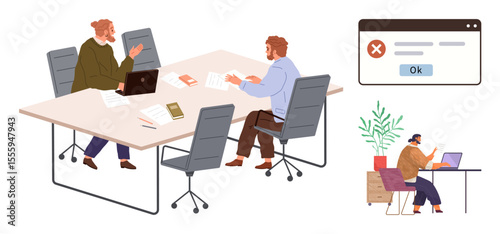 Two people discussing work at a shared office desk with laptops, documents, and an error popup window. Another person working remotely on a laptop at a separate workstation. Ideal for collaboration