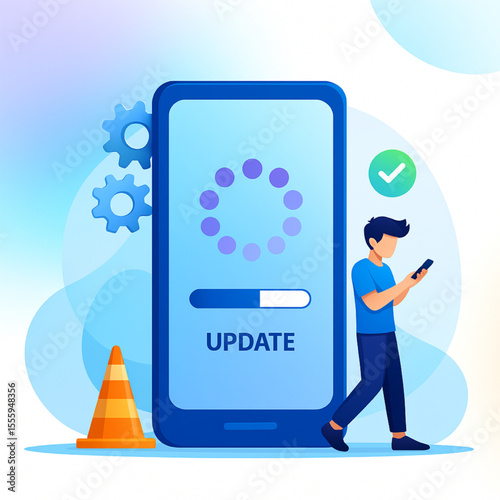 Smartphone update process showing a man using his phone while the device is in progress updating system software for better user experience.