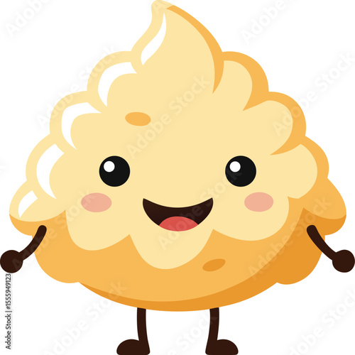Cute Smiling Cream Puff Pastry Vector Cartoon – Kawaii Dessert Character Illustration

