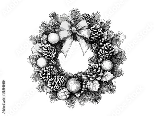 Christmas wreath engraving, vintage festive motif, retro black sketch, old engraving style, hand-drawn holiday decor, classic winter illustration, seasonal charm, rustic Christmas art