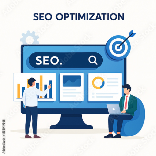 Search engine optimization is illustrated by the data analysis and website improvement activities in this graphic illustration.