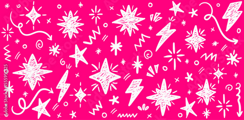 Hand Drawn Star Doodle Element Set on Pink Background, Lightning Bolt Sparkle Scribble Icon Pack for Pop Art Design and Fun Decoration Vector Illustration