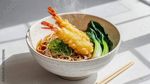 Japanese Soba Noodles with Tempura Shrimp and Bok Choy in White Ceramic Bowl – Natural Light and Steam