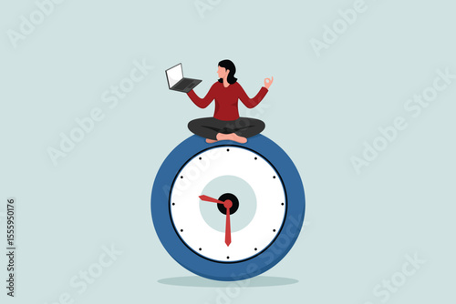 Flexible working hours, work life balance or focus and time management while working from home, young woman working on laptop while doing yoga or meditation on watch face.