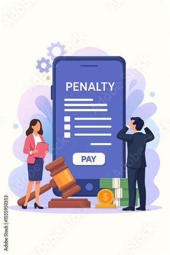Illustration depicting online penalty payment with a smartphone, gavel, money, and business people, symbolizing financial fines and legal consequences.
