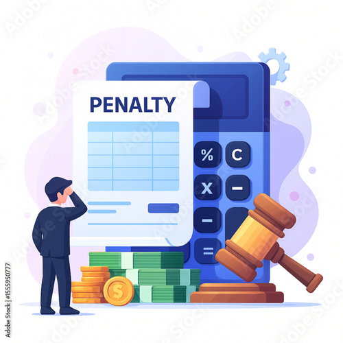 Illustration depicts a man facing financial penalty with money, calculator, and gavel in a concept for legal or economic implications.
