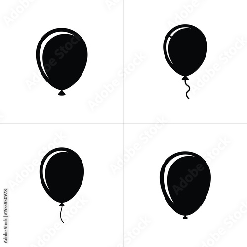 Four Balloons, Black Silhouette Icons, Transparent Background, Party Decoration
