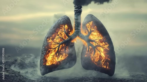 A powerful representation of the dangers of smoking, showing human lungs inflamed with fire and emitting toxic smoke. A visual metaphor for the harmful effects of cigarettes