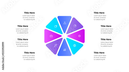 Modern infographic chart featuring a circle divided into 8 sections with icons and text. Perfect for professional data presentation, creative design projects, and information visualization purposes
