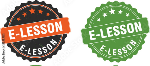 Two e lesson badges one black and orange and one green on white background