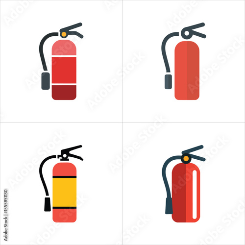 Illustrated Grid Four Fire Extinguisher Icons with Red, Yellow, and Dark Gray Accents
