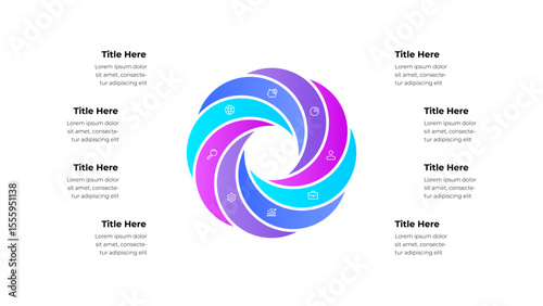 Colorful circular infographic artwork featuring a 8 segmented ring with abstract designs and text blocks, suitable for representing business concepts, presentations, or data visualization