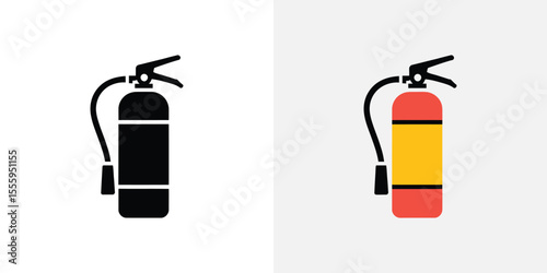 Illustration Featuring Fire Extinguisher Icons in Black Silhouette and Color on Light Backgrounds
