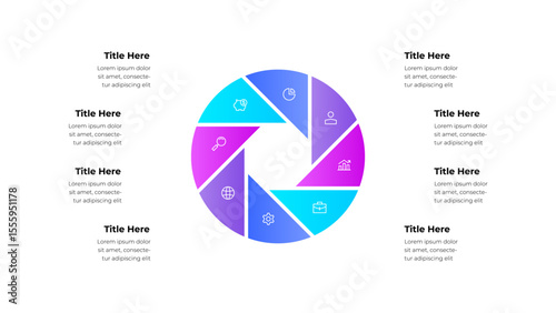Infographic featuring a 8 segmented circular chart. Business icons and annotations are included for presentation purposes, suitable for data visualizations and professional documents
