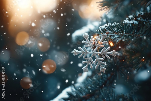 Snowy christmas tree branch with snowflake ornament
