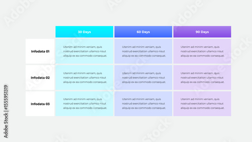 A visually appealing and modern business comparison table displays formatted data insights over three time intervals: 30, 60, and 90 days