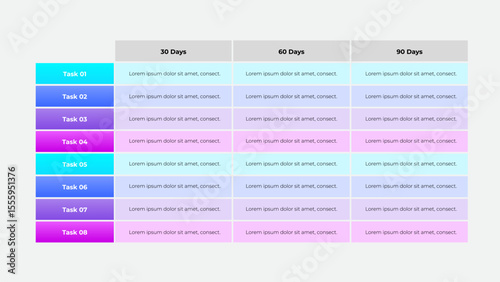 Table showcasing task planning and goals set over 30, 60, and 90 days. Ideal for project management, strategy planning, and organizational frameworks. Visually appealing for business presentations