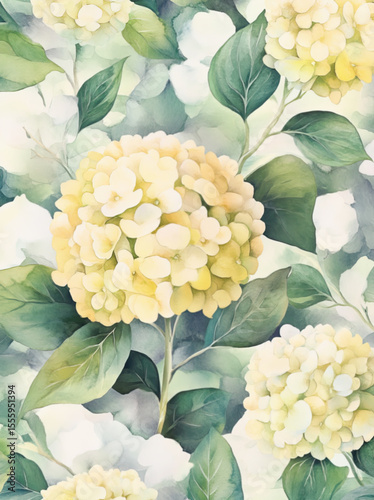 A soft watercolor painting of yellow hydrangeas and artichokes, with pastel green leaves and flowers in the background
