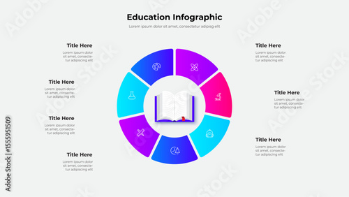 Detailed infographic design featuring a circular layout with educational icons and 7 segments. Perfect for academic presentations and data visualization. Central focus is a book depiction