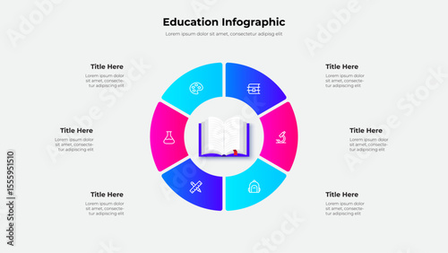 Detailed infographic design featuring a circular layout with educational icons and 6 segments. Perfect for academic presentations and data visualization. Central focus is a book depiction