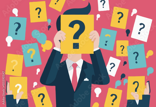 Ask question, listing problem to gather solution idea, faq or questionnaire, uncertainty, doubt or clarification, curiosity, solving problem concept, business people listing question mark sticky not