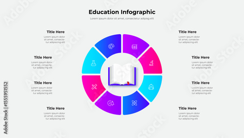Detailed infographic design featuring a circular layout with educational icons and 8 segments. Perfect for academic presentations and data visualization. Central focus is a book depiction