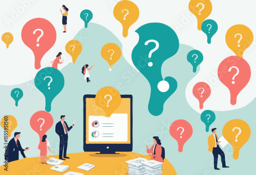Ask question, listing problem to gather solution idea, faq or questionnaire, uncertainty, doubt or clarification, curiosity, solving problem concept, business people listing question mark sticky not