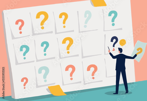 Ask question, listing problem to gather solution idea, faq or questionnaire, uncertainty, doubt or clarification, curiosity, solving problem concept, business people listing question mark sticky not