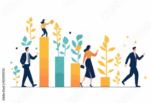 Leadership development, team success or motivation to lead team to reach goal, improvement or progress, growing together concept, businessman and woman team holding hand walk up rising growth arro