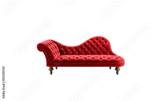 Elegant red velvet chaise lounge with button tufting and wooden legs, perfect for a luxurious interior. background removed