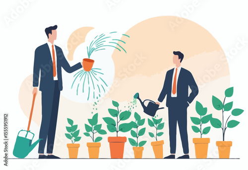 Investment portfolio, asset allocation to build passive income, wealth management or mutual fund planning, investment growth concept, businessman watering grow plant of investing portfolio pie char