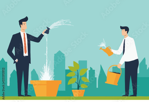 Investment portfolio, asset allocation to build passive income, wealth management or mutual fund planning, investment growth concept, businessman watering grow plant of investing portfolio pie char
