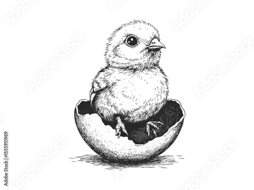 Vintage Easter chick engraving, spring holiday illustration, black line sketch style, cute seasonal decor, hand-drawn motif, classic engraving, rustic farm animal art, festive spring theme