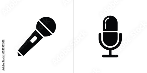 Two Microphones, Modern Condenser Mic, Dynamic Microphone, Black Silhouette