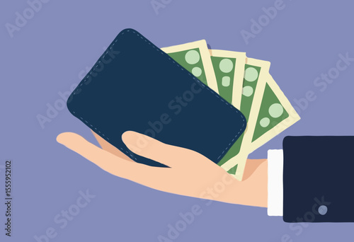 Salary, wages or income, making money profit, cash or economics, financial saving, investment or expense, spending, salary payroll, compensation concept, businessman hold money with wallet banknote