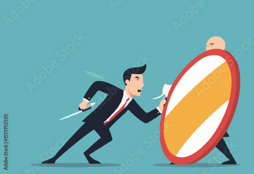 Business threat, fight to survive in business competition, resilience or adversity, challenge or survive to win, courage fighter concept, businessman hold shield to fight with multiple fighter punc