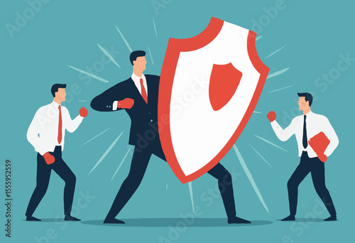 Business threat, fight to survive in business competition, resilience or adversity, challenge or survive to win, courage fighter concept, businessman hold shield to fight with multiple fighter punc