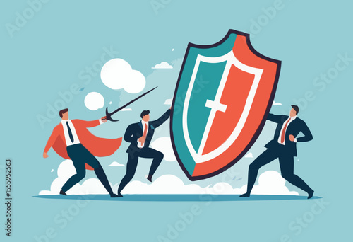 Business threat, fight to survive in business competition, resilience or adversity, challenge or survive to win, courage fighter concept, businessman hold shield to fight with multiple fighter punc