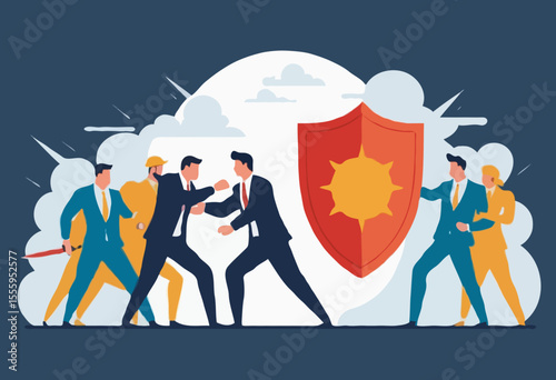 Business threat, fight to survive in business competition, resilience or adversity, challenge or survive to win, courage fighter concept, businessman hold shield to fight with multiple fighter punc