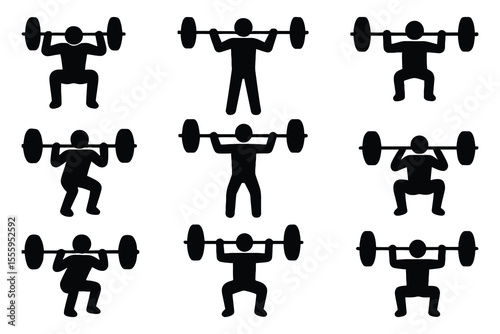 Nine silhouettes of a person performing barbell squats isolated on white background