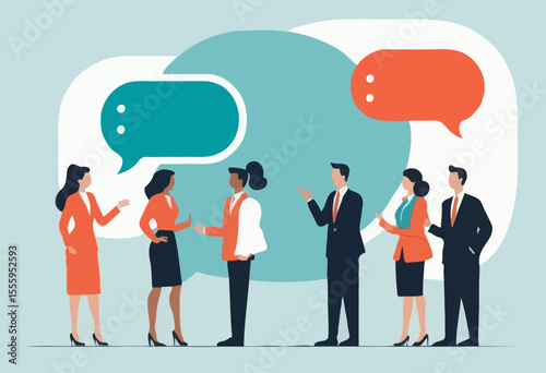 Conversation or business discussion, meeting, talk or chat together, group talk or communication dialog, message or speaking concept, business people coworker having conversation on speech bubble