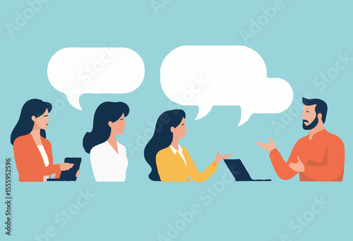Conversation or business discussion, meeting, talk or chat together, group talk or communication dialog, message or speaking concept, business people coworker having conversation on speech bubble